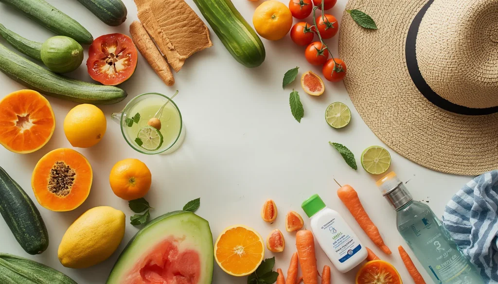 Fresh fruit and vegetable juices with sunscreen and healthy ingredients promoting skin health rather than skin whitening.