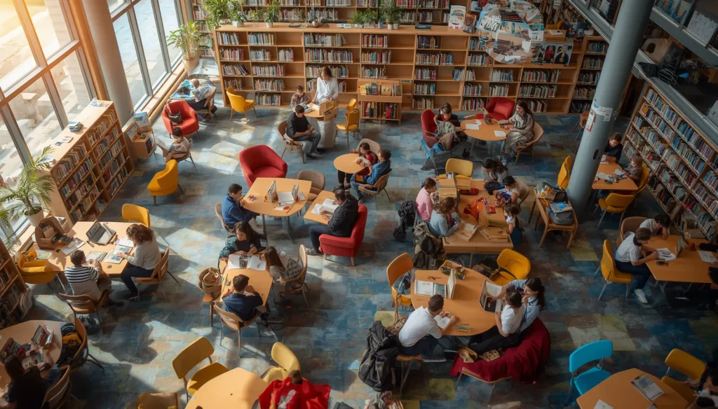 Children and adults celebrating World Book Day by reading books together in a modern library.
