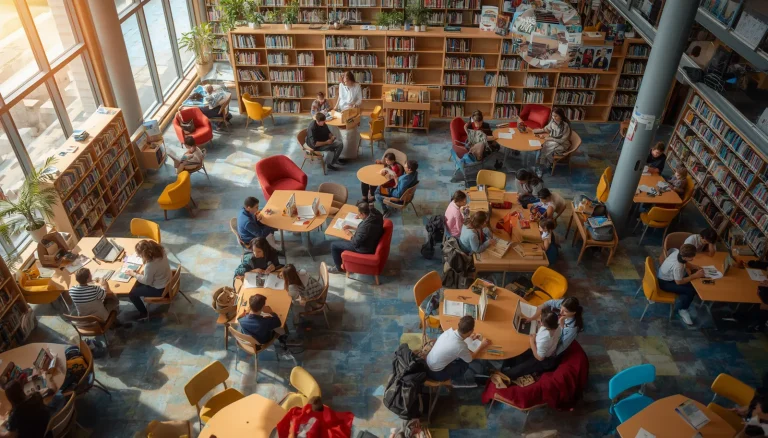 Children and adults celebrating World Book Day by reading books together in a modern library.