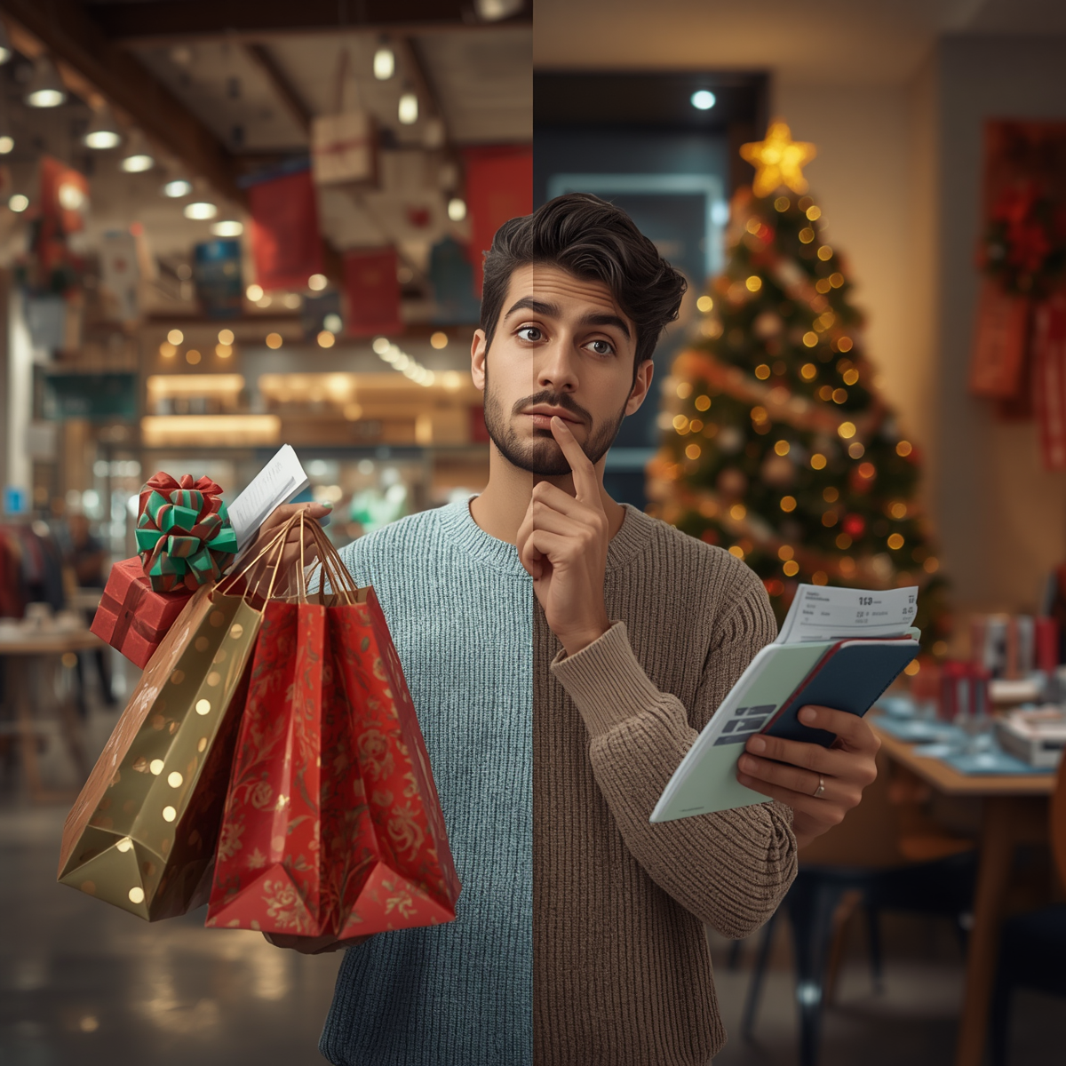 Gen Z Holiday Spending Habits showing a young adult balancing holiday shopping deals with monthly bills and budgeting
