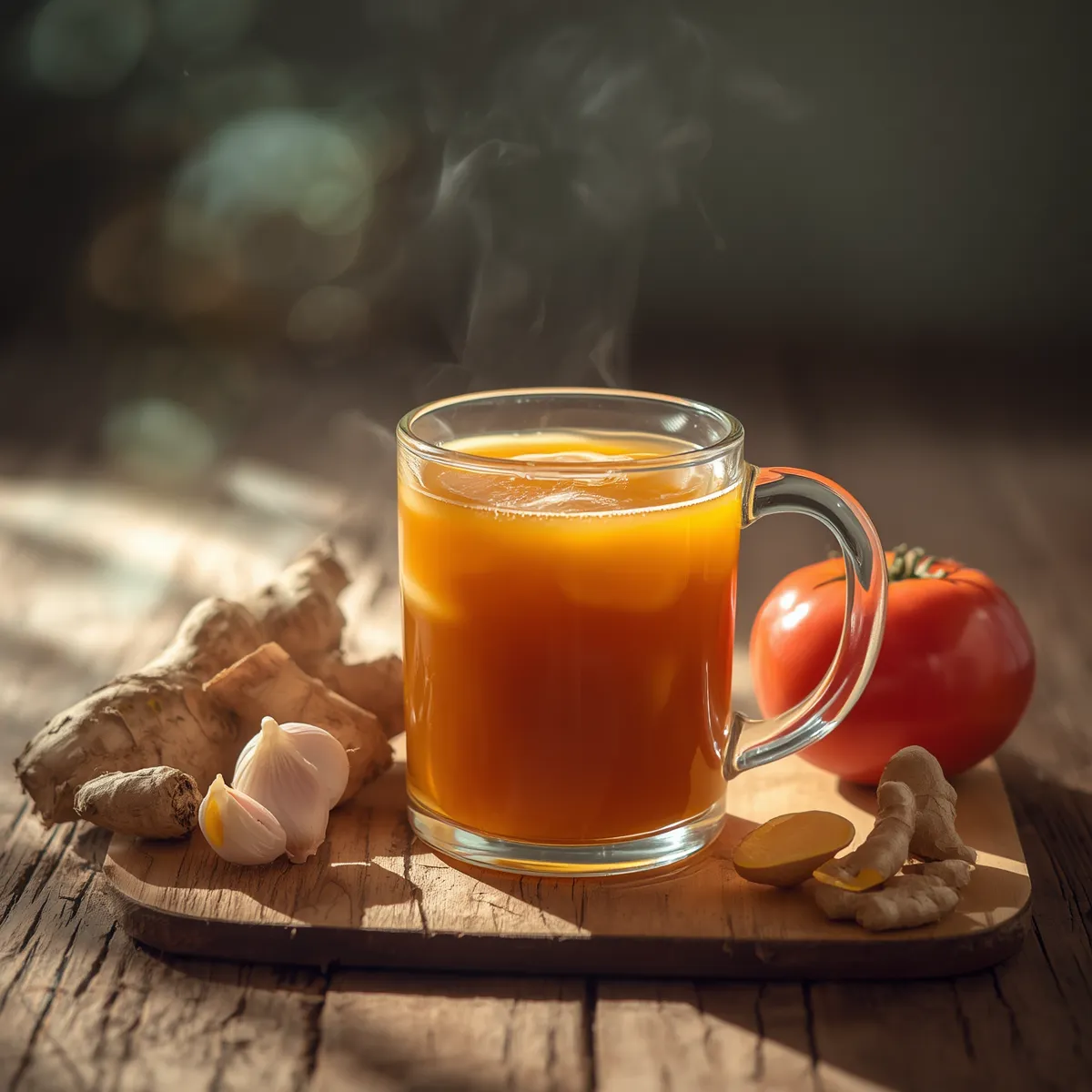 Turmeric garlic tonic in a glass mug with fresh turmeric and garlic on a wooden table