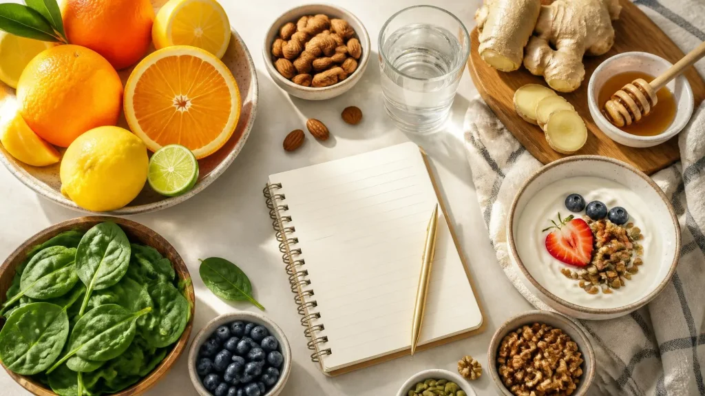 Fresh citrus fruits, ginger, leafy greens, and healthy foods that help boost immunity naturally