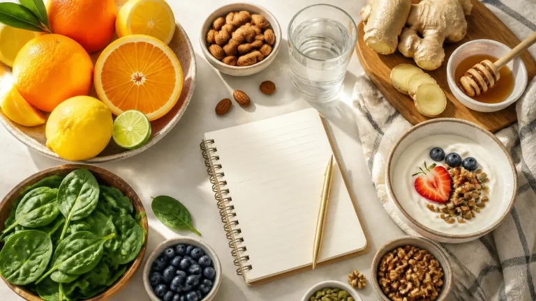 Fresh citrus fruits, ginger, leafy greens, and healthy foods that help boost immunity naturally
