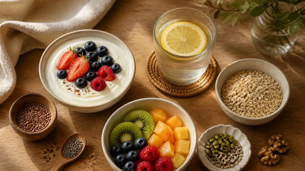 Gut-friendly foods including yogurt, whole grains, and fruit that support natural digestion