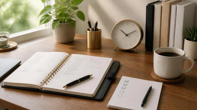 Planner and checklist on a desk representing strategies to overcome procrastination