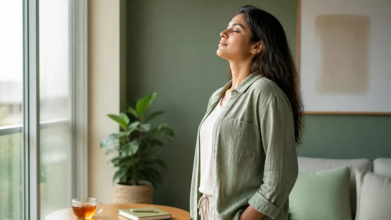 Young Indian adult practicing mindful breathing near a bright window to overcome self-doubt and build self-confidence.