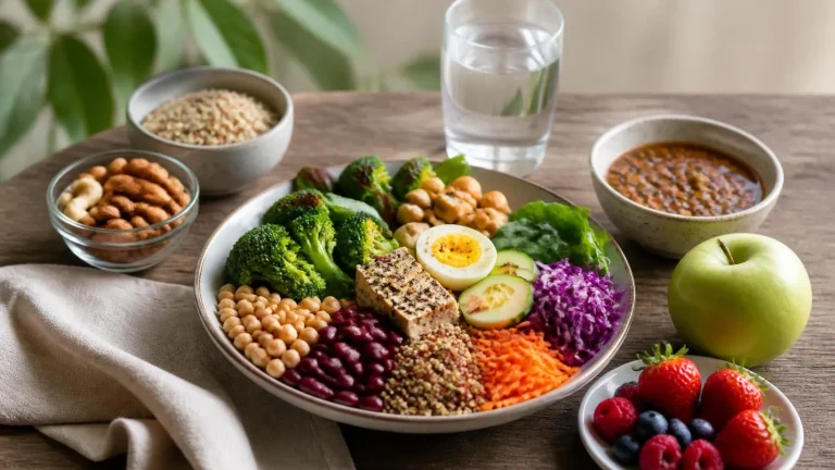 Balanced healthy meal with vegetables, fruits, grains, legumes, nuts, dairy, and water representing essential daily nutrients.
