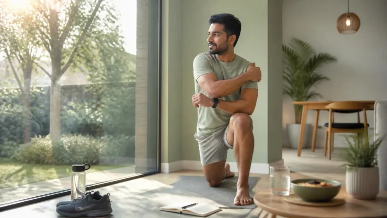 Indian adult stretching near a window with water and a healthy breakfast as part of a healthy daily routine.