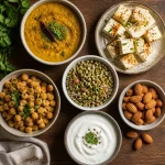 Indian high-protein vegetarian foods including dal, paneer, sprouts, and curd arranged on a table