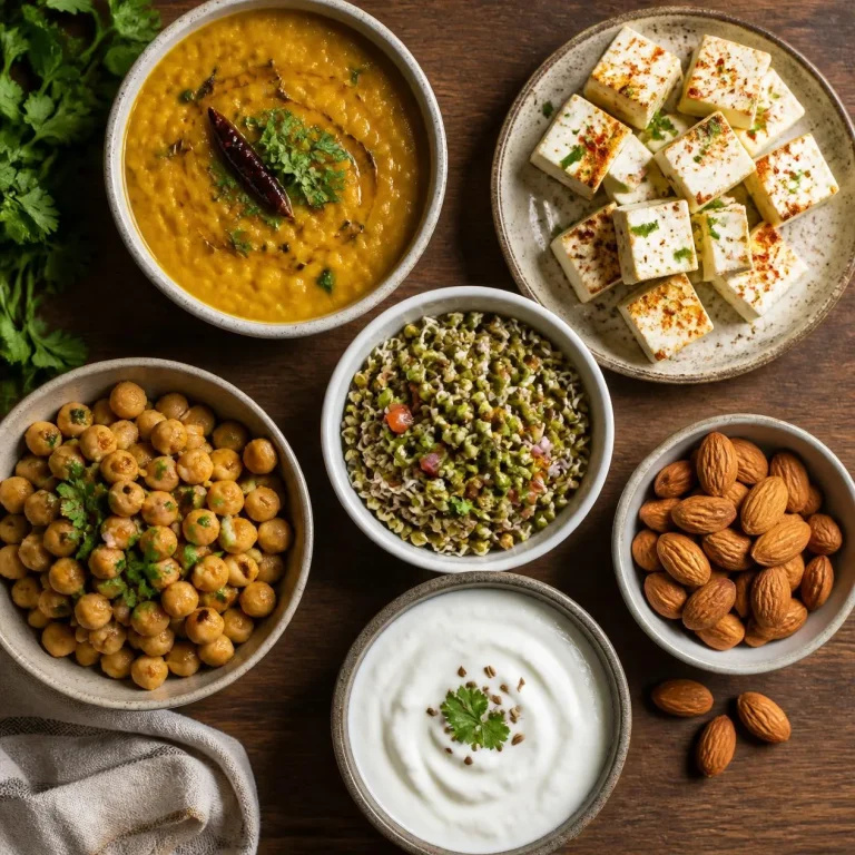 Indian high-protein vegetarian foods including dal, paneer, sprouts, and curd arranged on a table