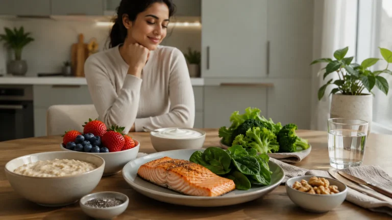 6 foods for anxiety including salmon, yogurt, berries, leafy greens, oats and walnuts