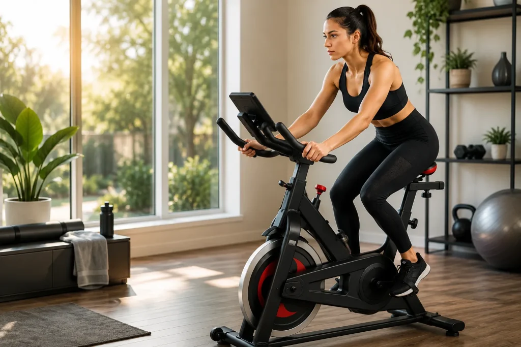 Beginner using a stationary exercise bike during a home workout in a bright modern fitness room.