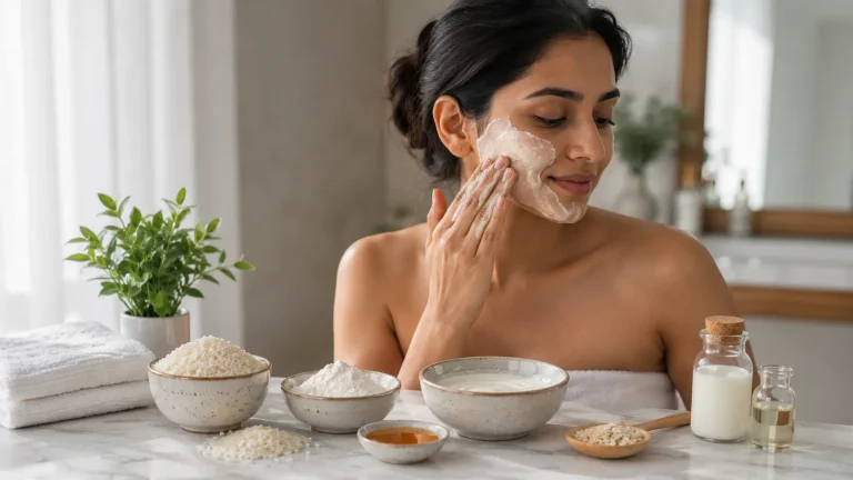Woman gently applying a homemade rice flour face mask to her cheek
