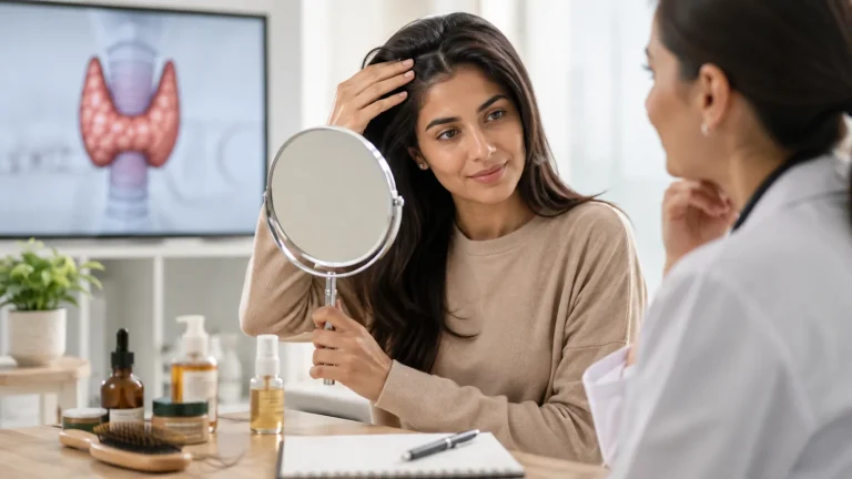 Woman examining thinning hair during a thyroid health and hair recovery consultation.