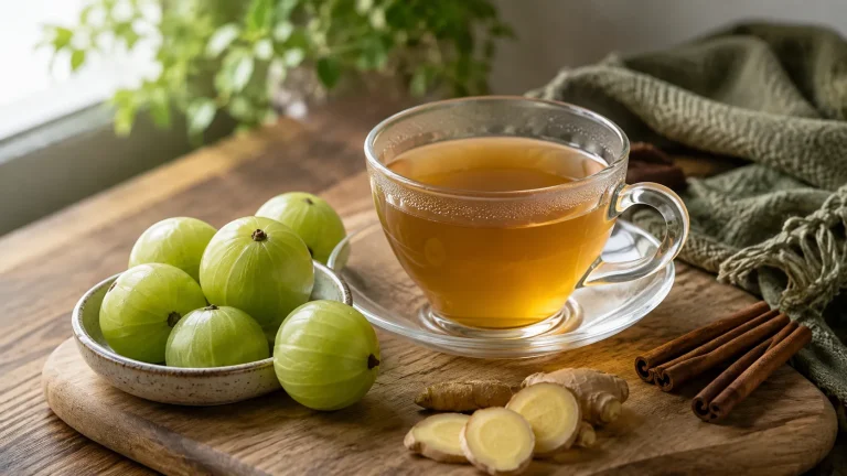 Amla tea benefits with fresh Indian gooseberries and a warm cup of tea
