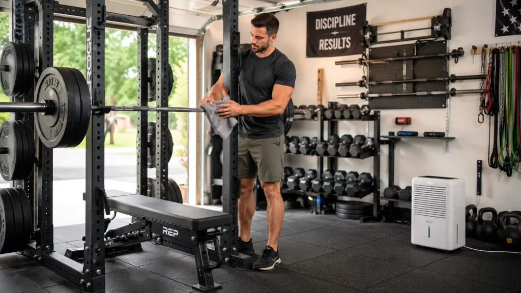Person cleaning garage gym equipment to prevent rust on barbells, dumbbells, and weight plates.