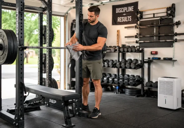 Person cleaning garage gym equipment to prevent rust on barbells, dumbbells, and weight plates.