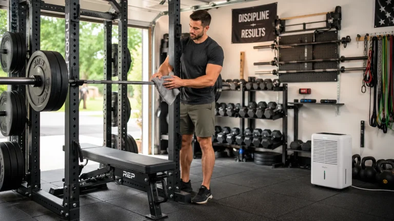 Person cleaning garage gym equipment to prevent rust on barbells, dumbbells, and weight plates.
