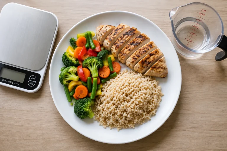 balanced plate showing portion control for a calorie deficit diet