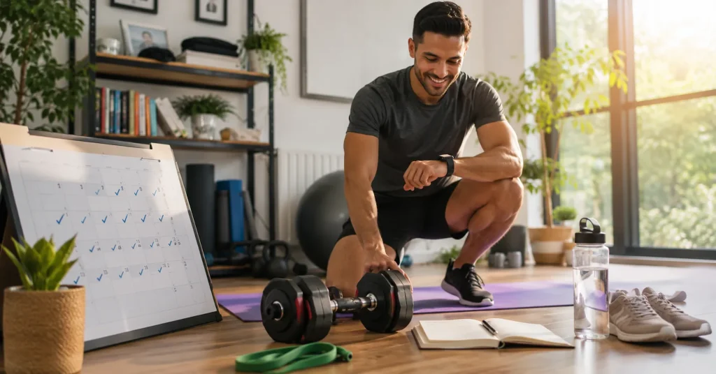 Person building a daily exercise habit with a home workout routine and fitness planner.