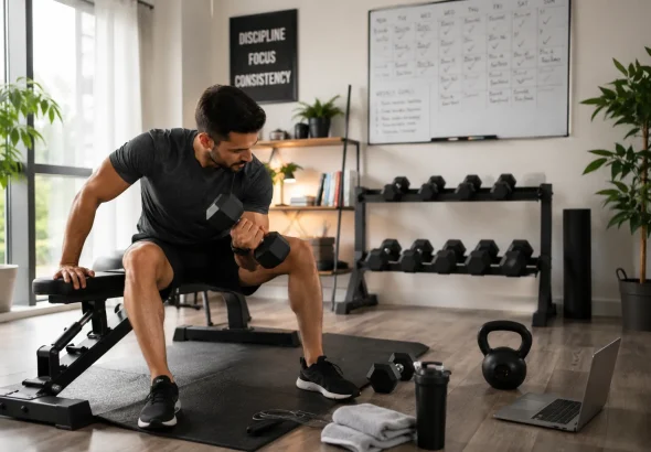 Person maintaining a consistent exercise routine with a workout planner and home fitness equipment.