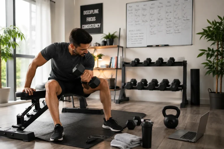 Person maintaining a consistent exercise routine with a workout planner and home fitness equipment.