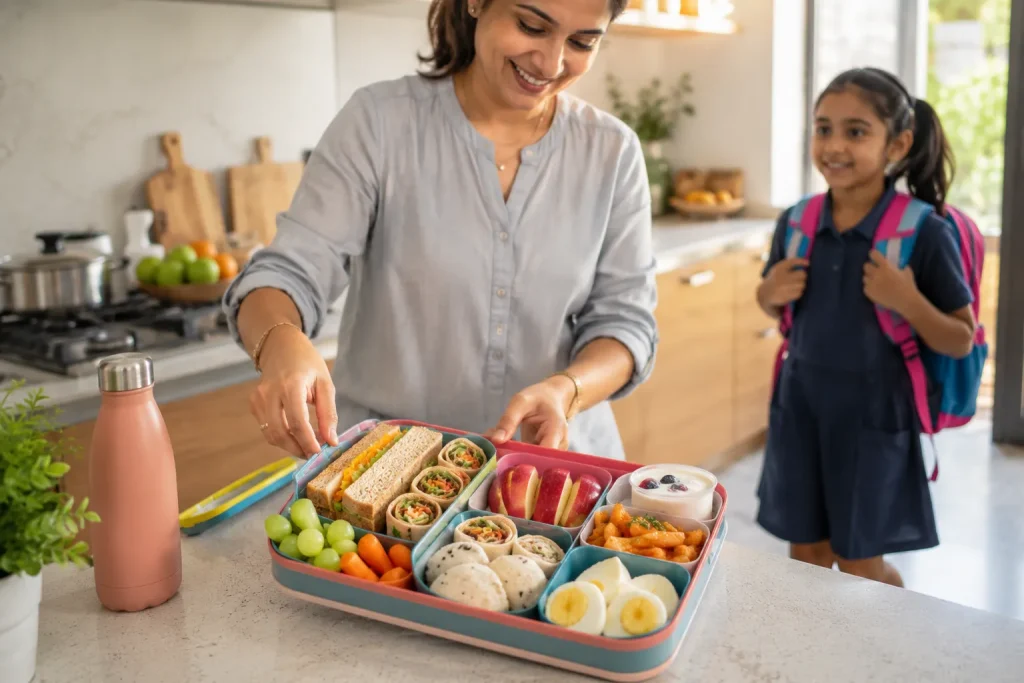 Healthy school lunch box with nutritious foods for kids including fruits, vegetables, whole grains, and protein.