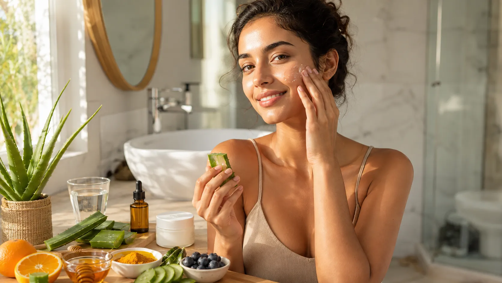 Woman using natural skincare remedies like aloe vera and honey for healthy, glowing skin.