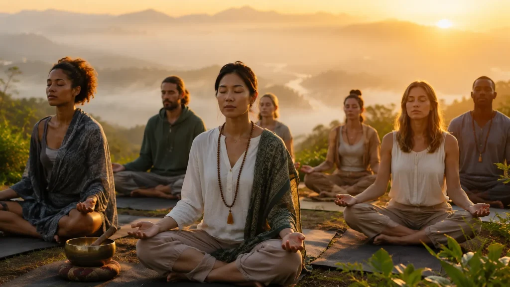 People practicing meditation outdoors at sunrise to celebrate World Meditation Day and promote mindfulness.
