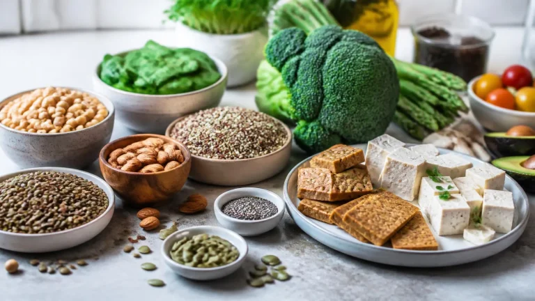 Plant-based protein sources including lentils, tofu, chickpeas and nuts