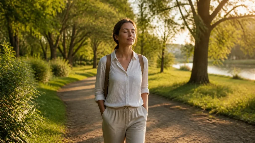 Calm adult walking through a green park at sunset as a simple activity to reduce stress and improve well-being naturally