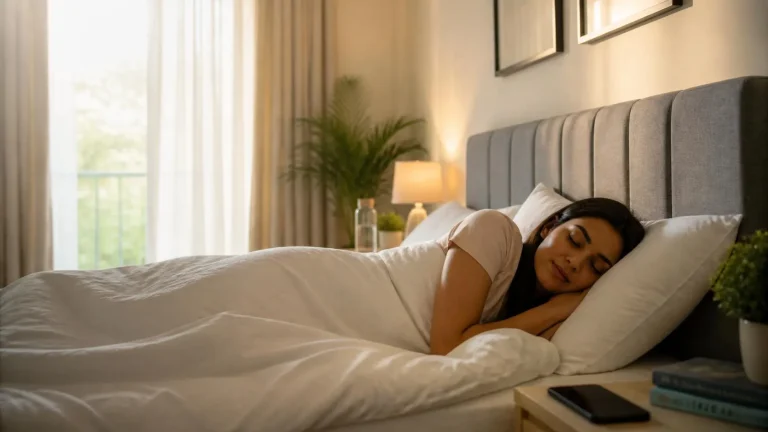 Person sleeping peacefully in a calm bedroom