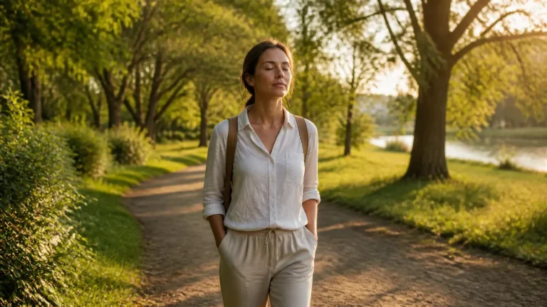 Calm adult walking through a green park at sunset as a simple activity to reduce stress and improve well-being naturally