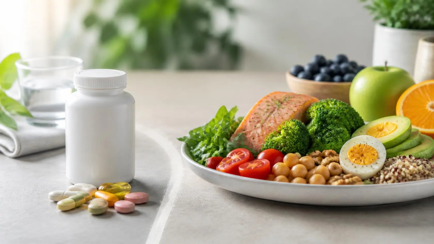 Daily multivitamin supplements beside healthy nutritious foods