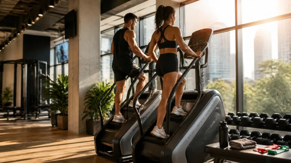 Person performing a stepper workout to strengthen and tone legs and glutes in a modern gym.
