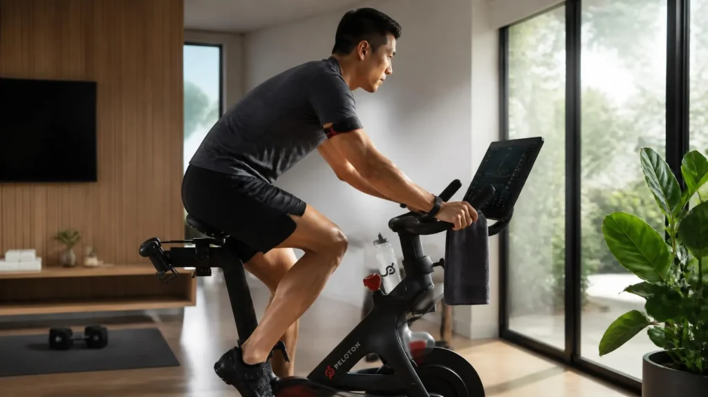 Person performing an indoor cycling workout on a stationary bike for fat loss and cardiovascular fitness.