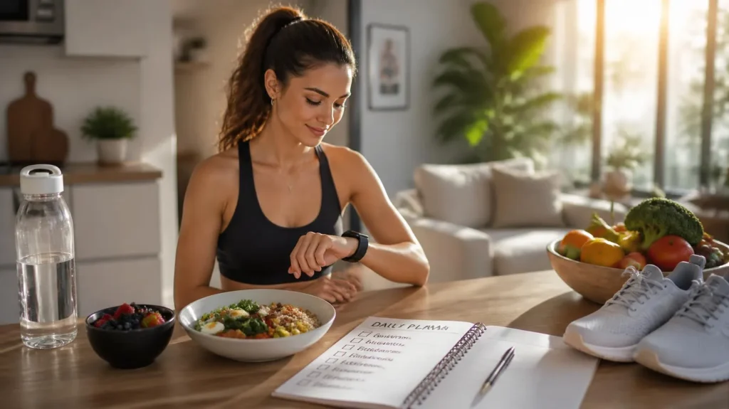 Person following a consistent daily routine with healthy food, water, exercise shoes, and a habit planner
