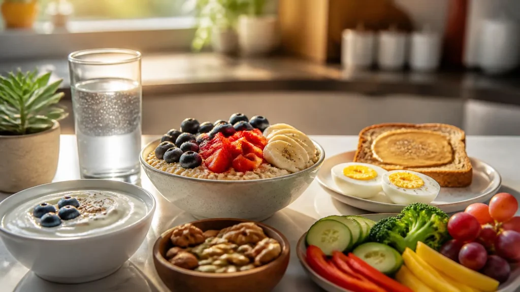 Balanced breakfast with oats, yogurt, eggs, whole-grain toast, fruit, vegetables, nuts and seeds