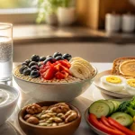 Balanced breakfast with oats, yogurt, eggs, whole-grain toast, fruit, vegetables, nuts and seeds