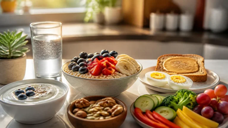 Balanced breakfast with oats, yogurt, eggs, whole-grain toast, fruit, vegetables, nuts and seeds
