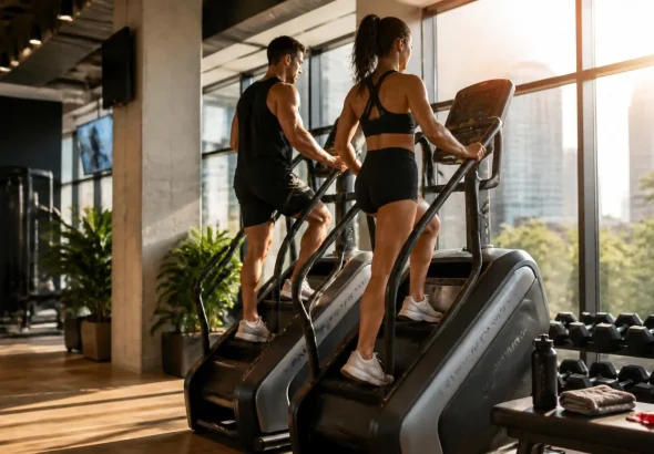 Person performing a stepper workout to strengthen and tone legs and glutes in a modern gym.