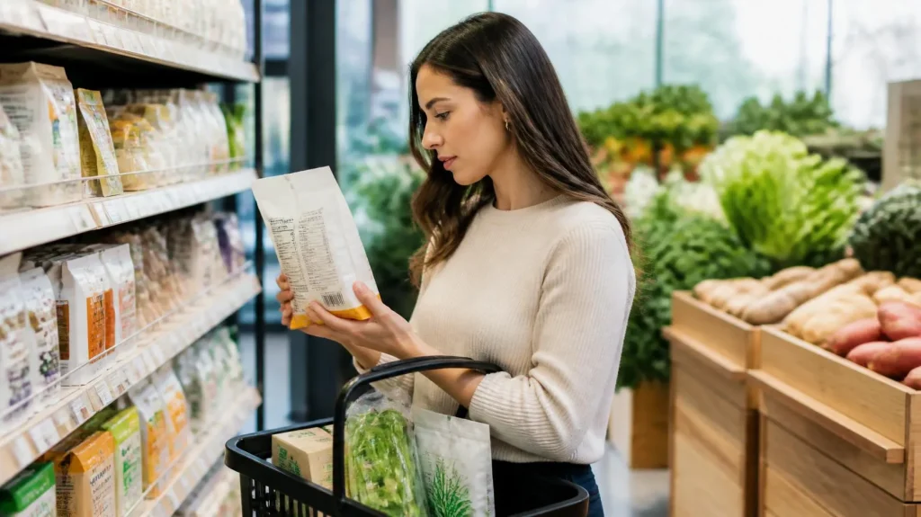 Person reading a food nutrition label while grocery shopping