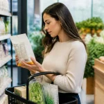 Person reading a food nutrition label while grocery shopping