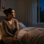 Person calming racing thoughts before sleep at night