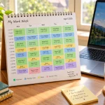 Wall calendar with color-coded time blocks for deep work, meetings, and breaks beside a laptop and coffee
