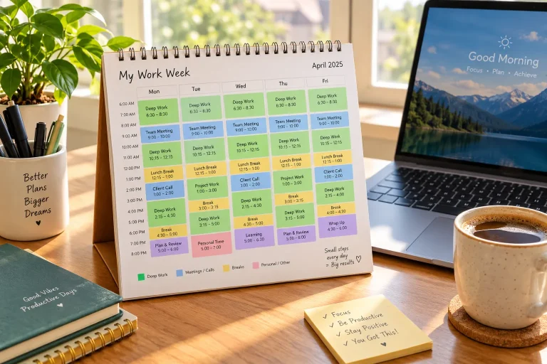 Wall calendar with color-coded time blocks for deep work, meetings, and breaks beside a laptop and coffee