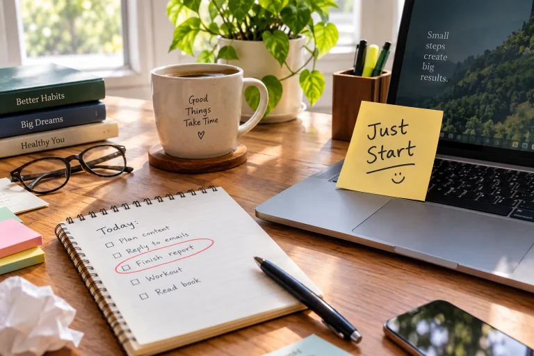 Messy desk with a “Just Start” sticky note, laptop, and one circled task on a notepad
