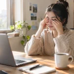 Person sitting at a desk rubbing their eyes beside an untouched cup of coffee in morning light
