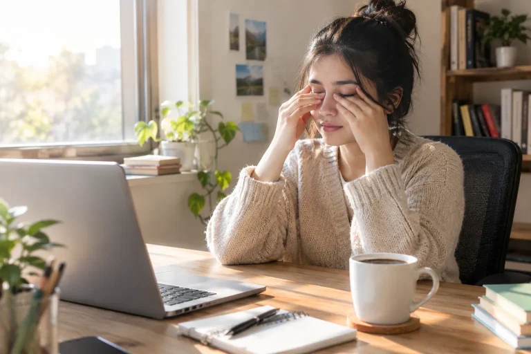 Person sitting at a desk rubbing their eyes beside an untouched cup of coffee in morning light