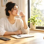 Person drinking water by a sunlit window in the morning